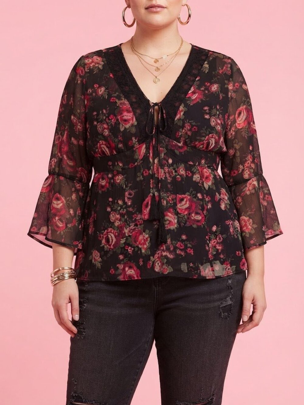 Black Rose Floral Tie-Front Blouse